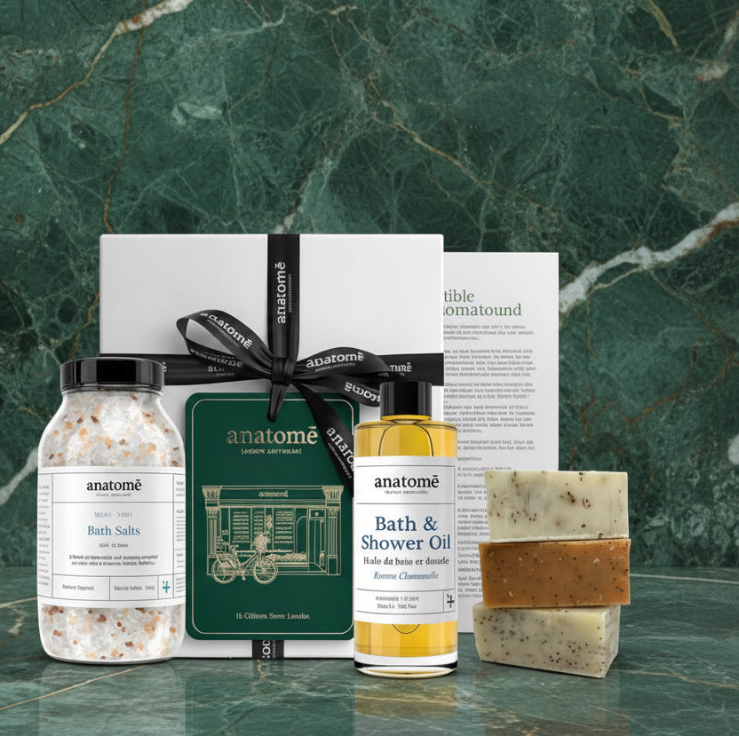 Relax and Unwind: Bathing Salt, Chamomile Bath Oil and Handmade Soap trio - anatomē