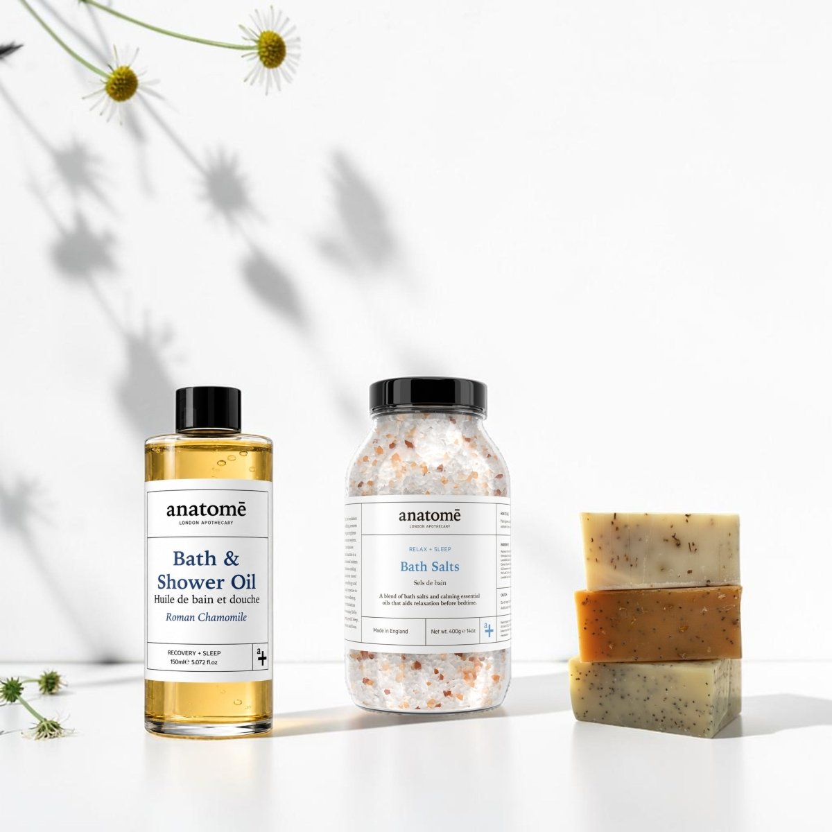 Relax and Unwind: Bathing Salt, Chamomile Bath Oil and Handmade Soap trio - anatomē