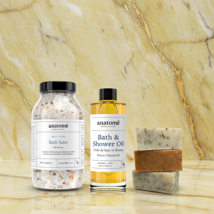 Relax and Unwind: Bathing Salt, Chamomile Bath Oil and Handmade Soap trio - anatomē