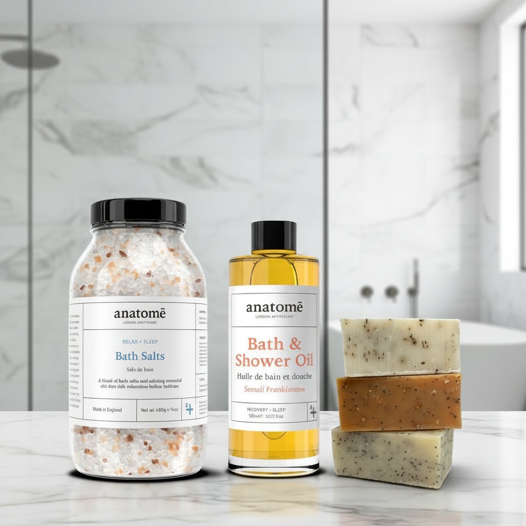 Relax and Unwind: Bathing Salt, Frankincense Bath Oil and Handmade Soap Trio - anatomē