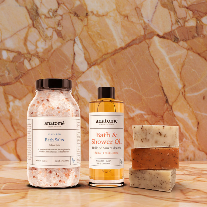 Relax and Unwind: Bathing Salt, Frankincense Bath Oil and Handmade Soap Trio - anatomē