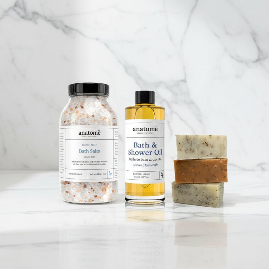 Relax and Unwind: Bathing Salt, Chamomile Bath Oil and Handmade Soap trio - anatomē