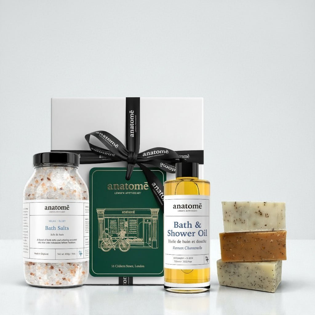 Relax and Unwind: Bathing Salt, Chamomile Bath Oil and Handmade Soap trio - anatomē