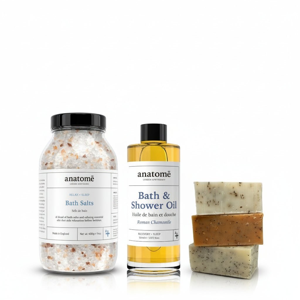 Relax and Unwind: Bathing Salt, Chamomile Bath Oil and Handmade Soap trio - anatomē
