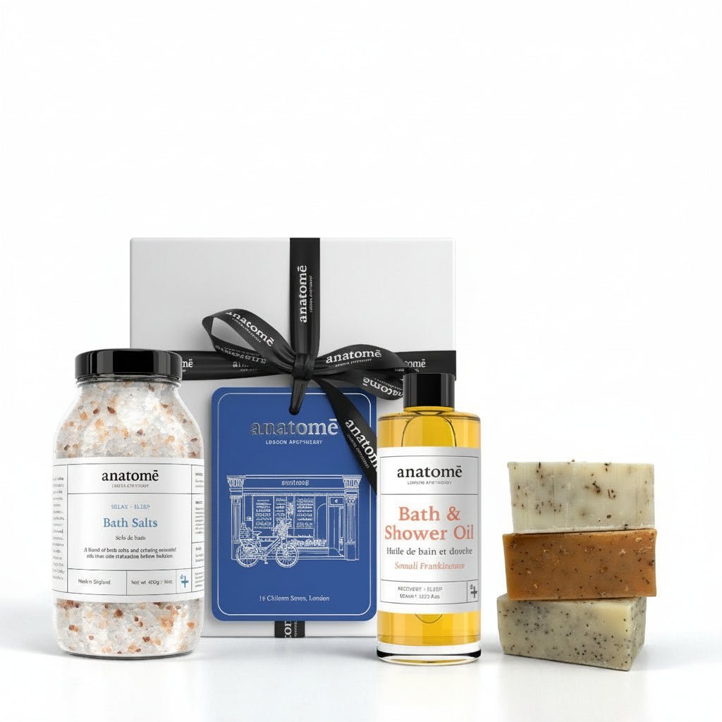 Relax and Unwind: Bathing Salt, Frankincense Bath Oil and Handmade Soap Trio - anatomē