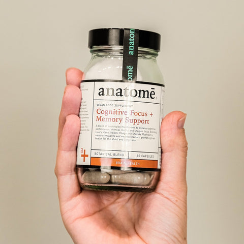 A focus supplement jar being held in a hand