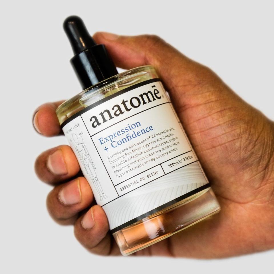 A bottle of essential oil being held in a man's hand