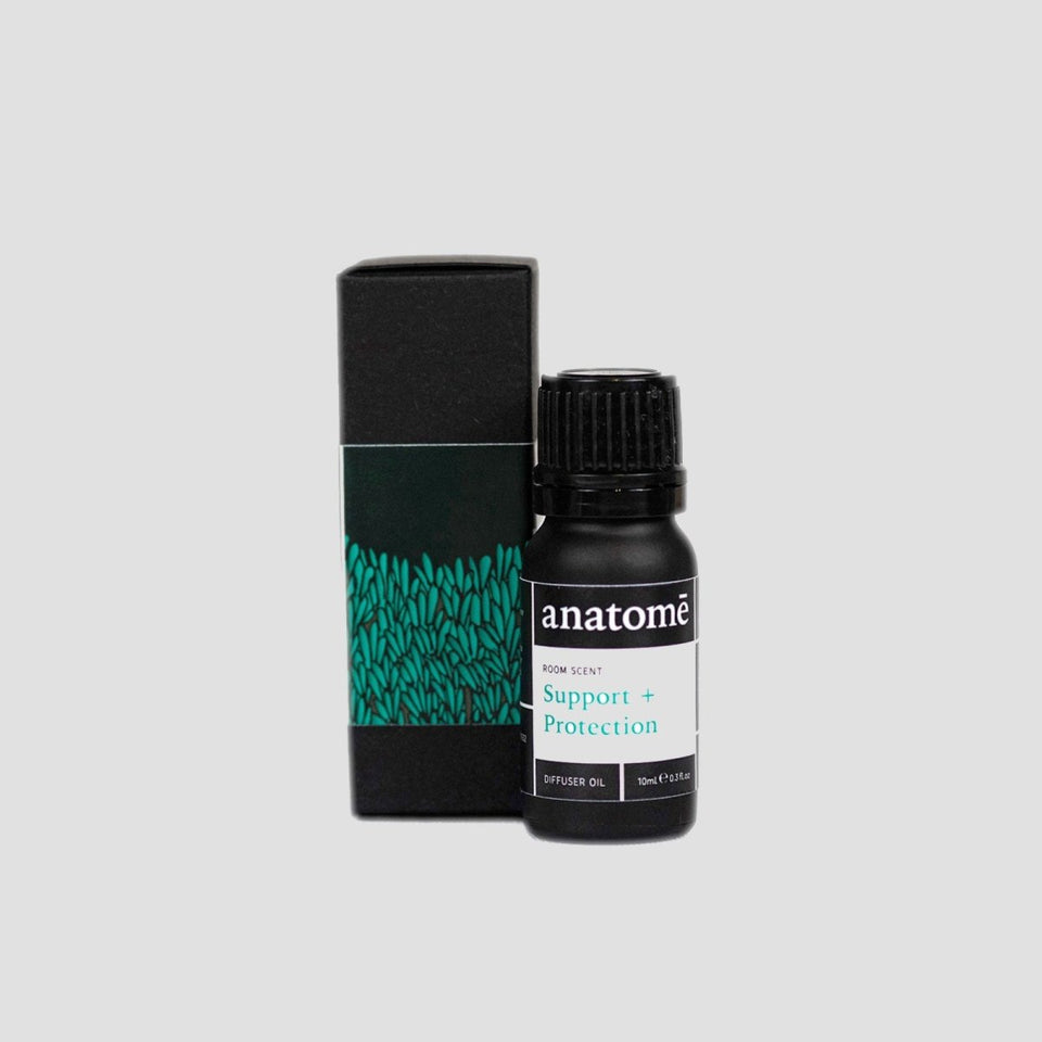 Essential oil for support in a black bottle on a white backdrop